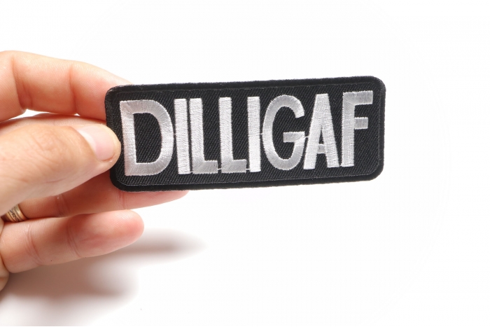 DILLIGAF Patch, Biker Saying Patches shown on hand for size comparison