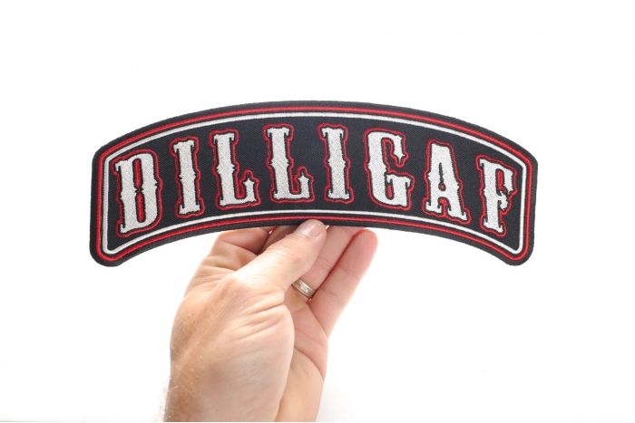 DILLIGAF Patch, Large Back Patches shown on hand for size comparison