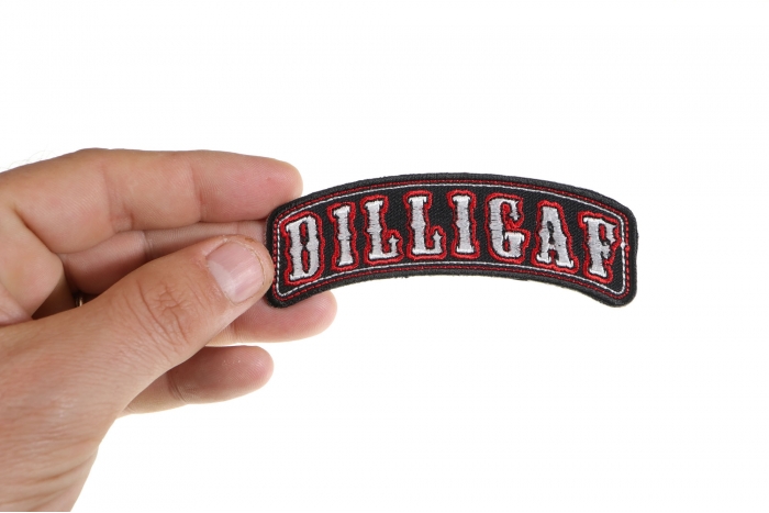 Dilligaf Patch, Biker Saying Patches shown on hand for size comparison