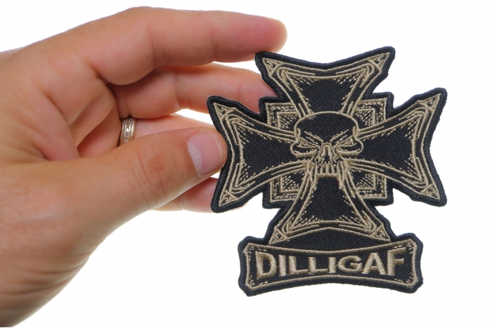 Dilligaf Skull and Cross Patch, Skull Patches shown on hand for size comparison