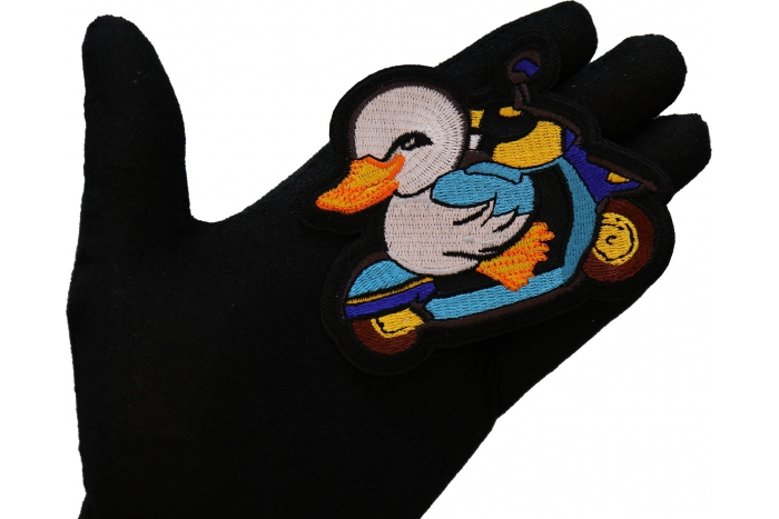 Duck Rider Patch, Biker Vest Patches, Sew or Iron on Patch shown on hand for size comparison