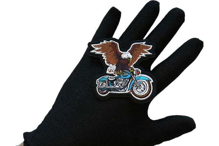 Eagle Riding Motorcycle Patch, Motorcycle Patches shown on hand for size comparison