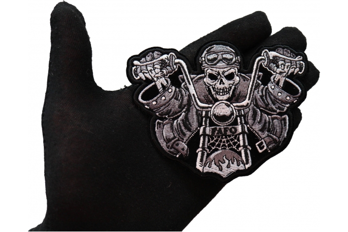 FAFO Skeleton Rider on Motorcycle Patch, Biker Skull Patches shown on hand for size comparison
