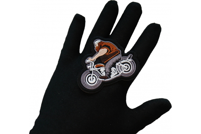 Fat Biker on Motorcycle Patch, Motorcycle Patches shown on hand for size comparison