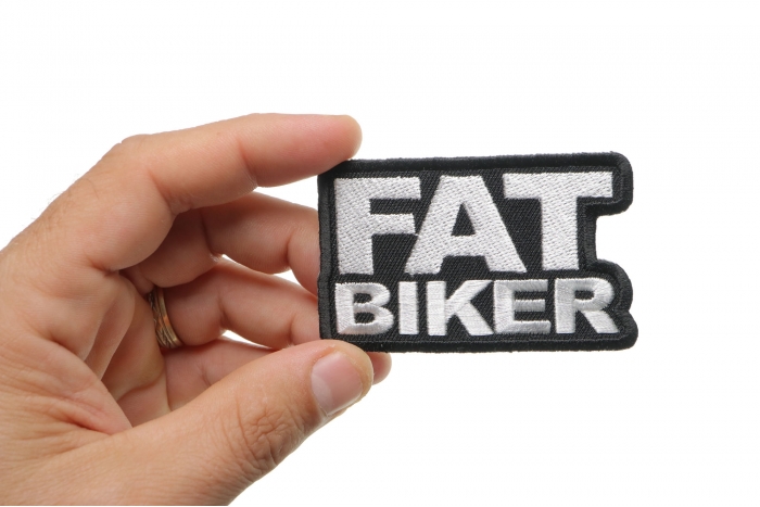 Fat Biker Patch, Biker Saying Patches shown on hand for size comparison