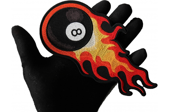 8 Ball Patch, Sew-on and Iron-on Patch for Jackets, Vests, Shirts shown on hand for size comparison