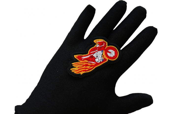 Flaming Crotch Rocket Motorcycle Patch, Biker Vest Patches, Sew or Iron on Patch shown on hand for size comparison