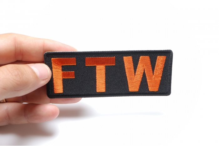 FTW Patch, Biker Saying Patches shown on hand for size comparison