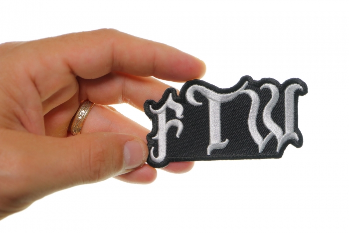 FTW Patch, Biker Saying Patches shown on hand for size comparison