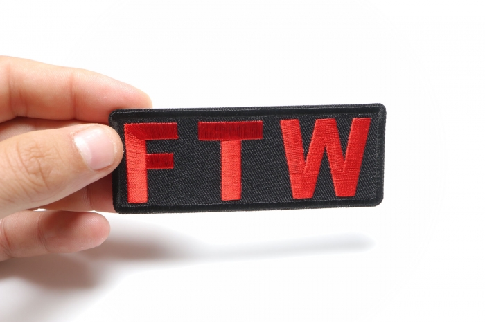 FTW Patch, Biker Saying Patches shown on hand for size comparison
