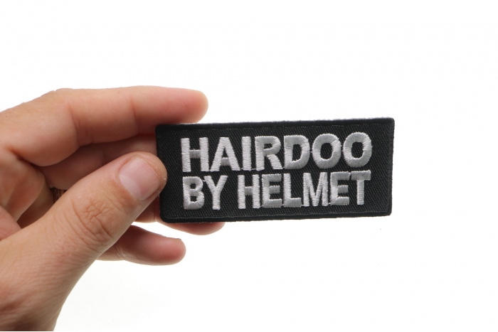 Hairdoo By Helmet Patch, Biker Saying Patches shown on hand for size comparison