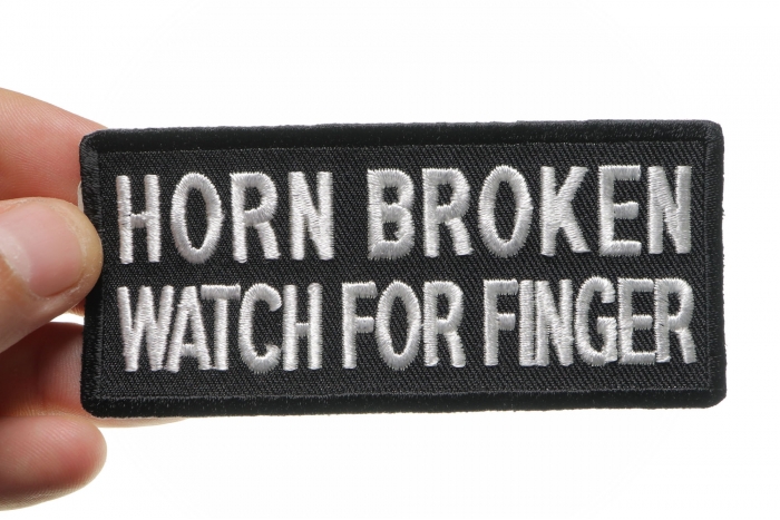 Horn Broken Watch For Finger Patch, Biker Saying Patches shown on hand for size comparison