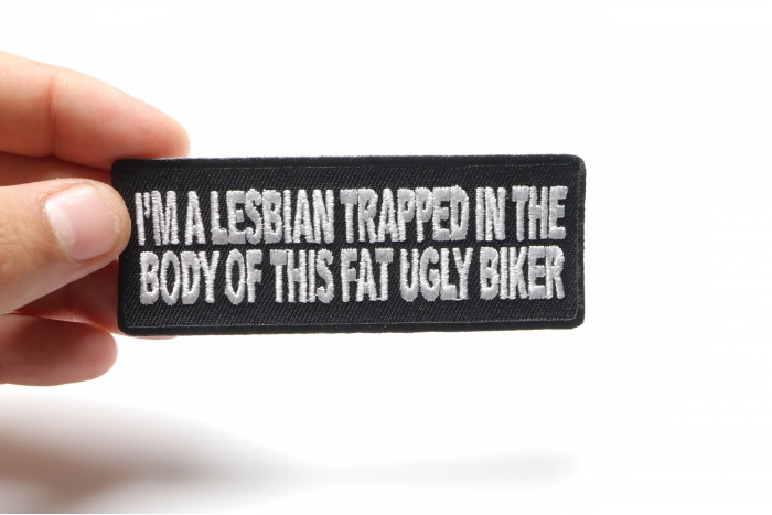 I'm A Lesbian Trapped In This Body Patch, Biker Saying Patches shown on hand for size comparison