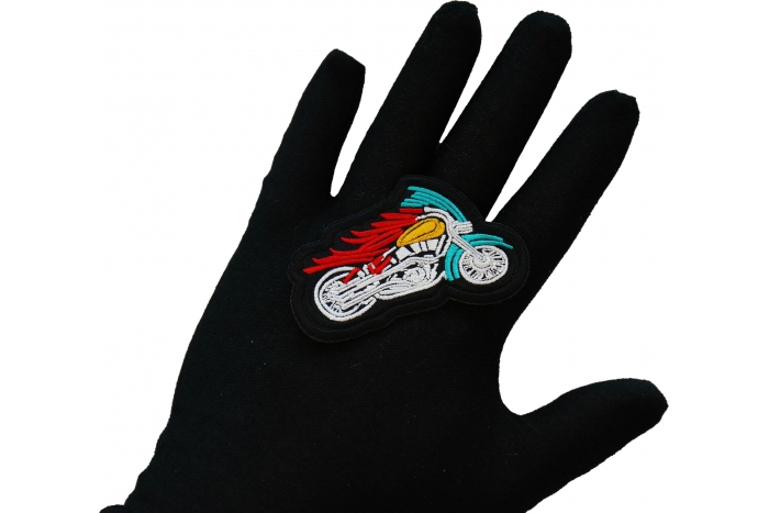 Indian Biker Patch, Motorcycle Patches shown on hand for size comparison