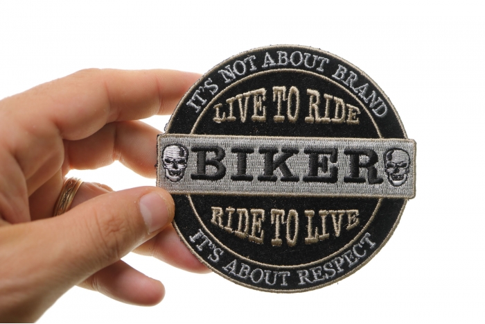 Live To Ride Ride to Live Biker Patch, Biker Skull Patches shown on hand for size comparison
