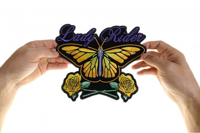 Butterfly Roses Lady Rider Patch, Large Biker Back Patches for Leather Vests shown on hand for size comparison