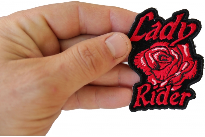 Lady Rider Red Rose Patch, Lady Biker Patches shown on hand for size comparison