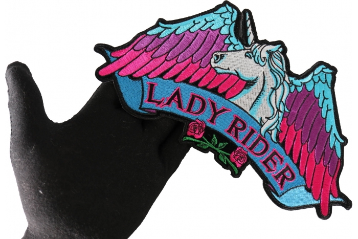 Lady Rider Unicorn Patch, Large Biker Back Patches for Leather Vests shown on hand for size comparison