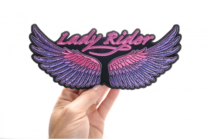 Lady Rider Wings Patch, Large Ladies Back Patches for Jackets shown on hand for size comparison