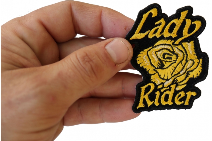 Lady Rider Yellow Rose Iron on Patch for Lady Bikers shown on hand for size comparison