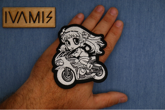 Little Girl Biker Patch, Biker Vest Patches, Sew or Iron on Patch shown on hand for size comparison