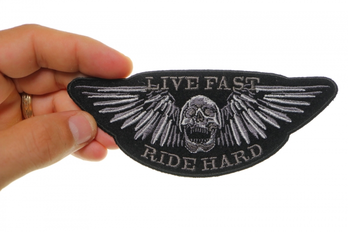 Live Fast Ride Hard Skull Patch, Biker Skull Patches shown on hand for size comparison