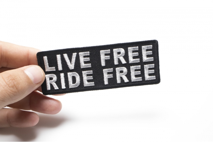 Live Free Ride Free Patch, Biker Saying Patches shown on hand for size comparison