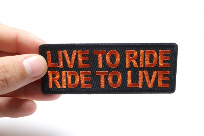 Live To Ride, Ride to Live Patch, Biker Saying Patches shown on hand for size comparison