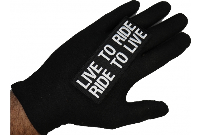 Live To Ride Ride To Live Patch, Biker Saying Patches shown on hand for size comparison