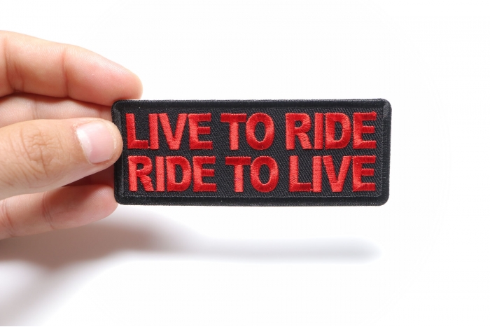 Live To Ride Ride To Live Patch, Biker Saying Patches shown on hand for size comparison