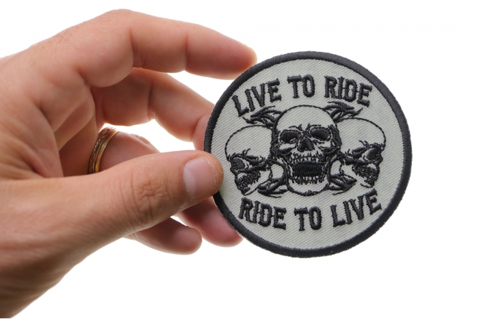 Live To Ride Ride To Live Three Skulls Patch, Biker Skull Patches shown on hand for size comparison