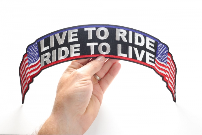 Live To Ride Ride To Live Patch, Large Back Patches shown on hand for size comparison
