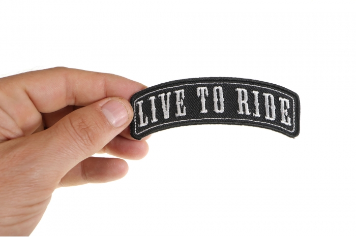 Live To Ride Patch, Biker Saying Patches shown on hand for size comparison