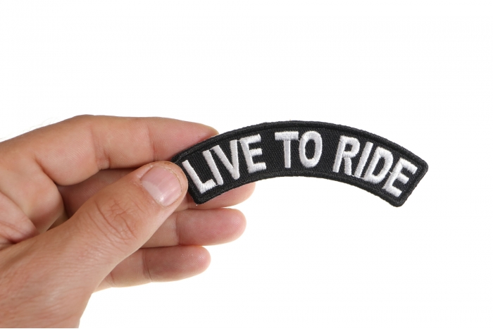 Live To Ride Patch, Biker Saying Patches shown on hand for size comparison
