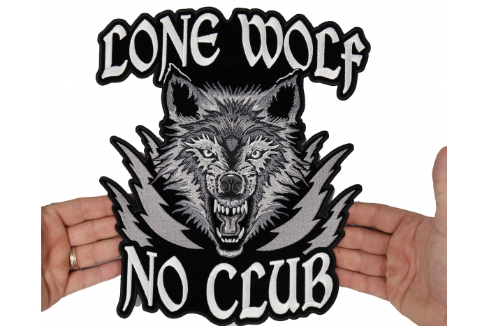 Lone Wolf No Club Patch, Large Biker Back Patches for Leather Vests shown on hand for size comparison