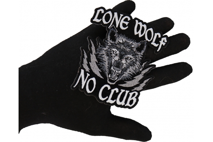 Lone Wolf No Club Biker Patch, Small Embroidered Sew on Patches for Leather Vests shown on hand for size comparison