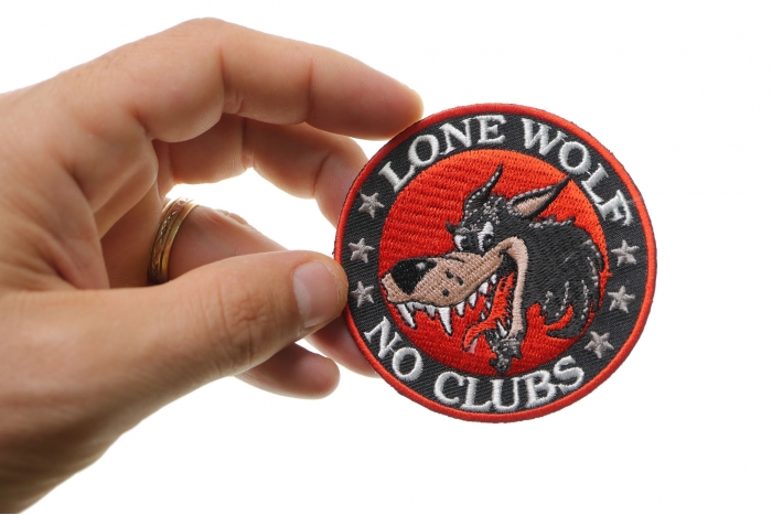 Lone Wolf No Clubs Biker Patch shown on hand for size comparison