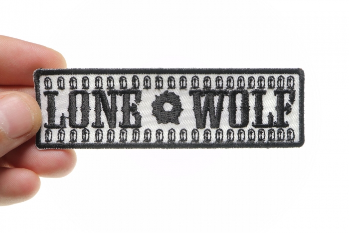 Lone Wolf Patch, Biker Saying Patches shown on hand for size comparison
