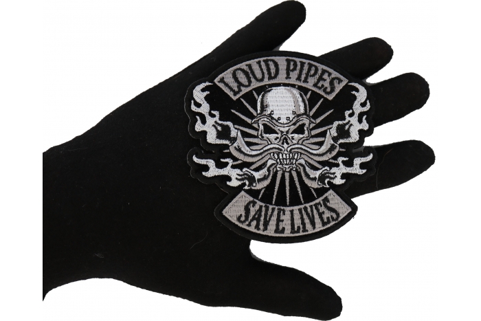 Loud Pipes Save Lives Skull and Pipes Patch, Biker Skull Patches shown on hand for size comparison