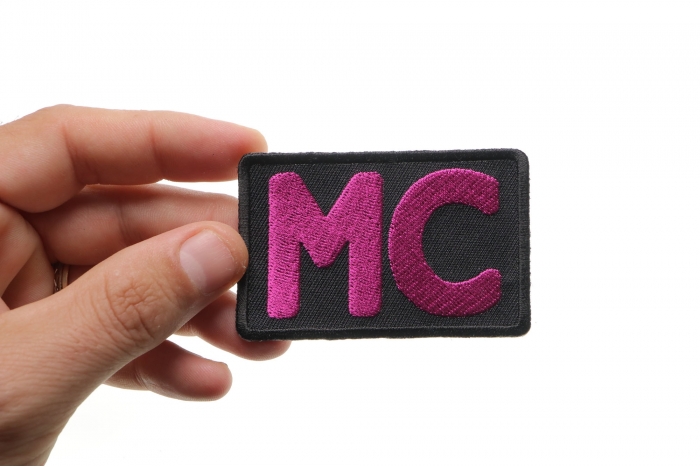 Pink MC Patch, Biker Saying Patches shown on hand for size comparison