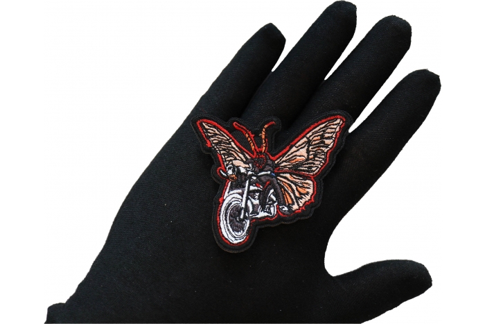 Moth Biker Patch, Biker Vest Patches, Sew or Iron on Patch shown on hand for size comparison