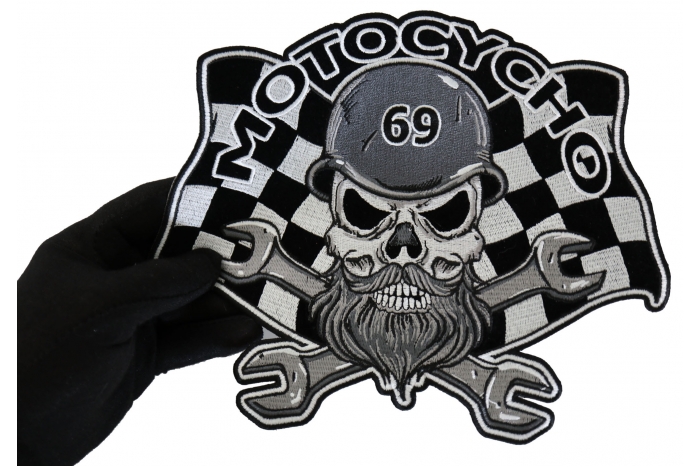 Motocycho Bearded Skull Patch, Large Skull Patches for Biker Jackets shown on hand for size comparison