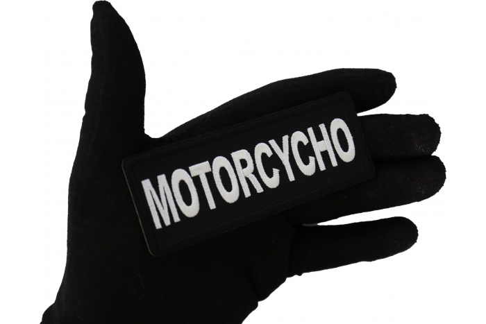 Motorcycho Patch, Biker Saying Patches shown on hand for size comparison