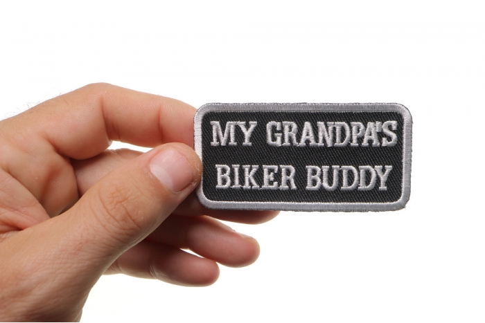 My Grandpa's Biker Buddy Patch, Biker Saying Patches shown on hand for size comparison
