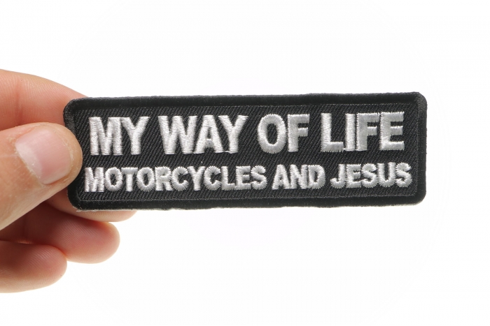 My Way Of Life Motorcycles and Jesus Patch, Biker Saying Patches shown on hand for size comparison