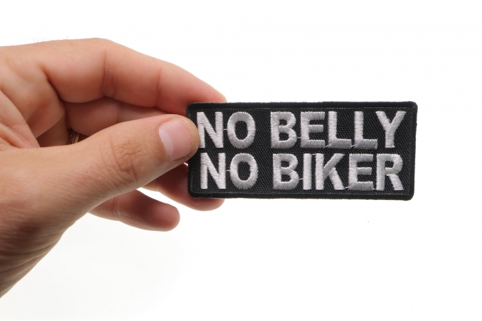 No Belly No Biker Funny Patch shown on hand for size comparison