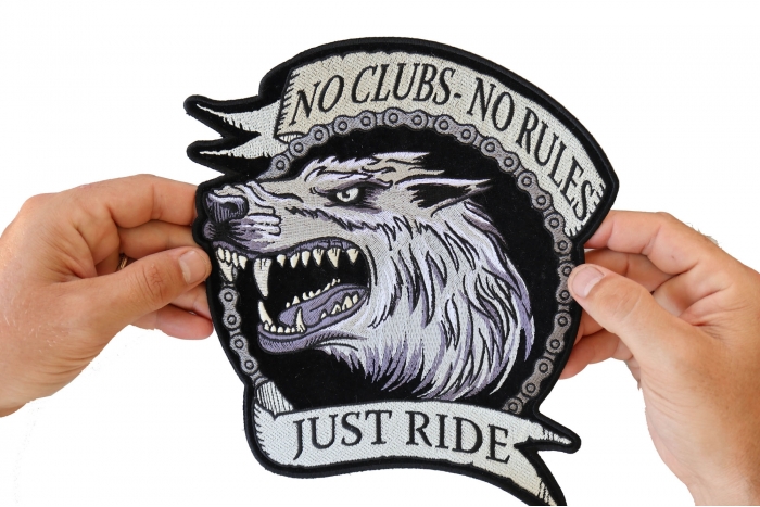 No Clubs No Rules Just Ride Wolf Patch, Large Biker Back Patches for Leather Vests shown on hand for size comparison