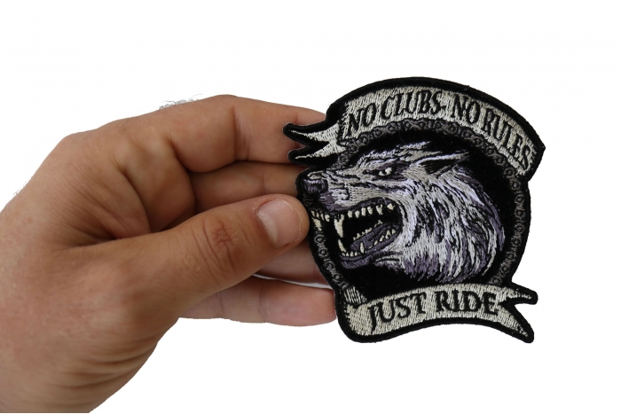 No Clubs No Rules Just Ride Wolf Biker Patch, Small Embroidered Sew on Patches for Leather Biker Vests shown on hand for size comparison