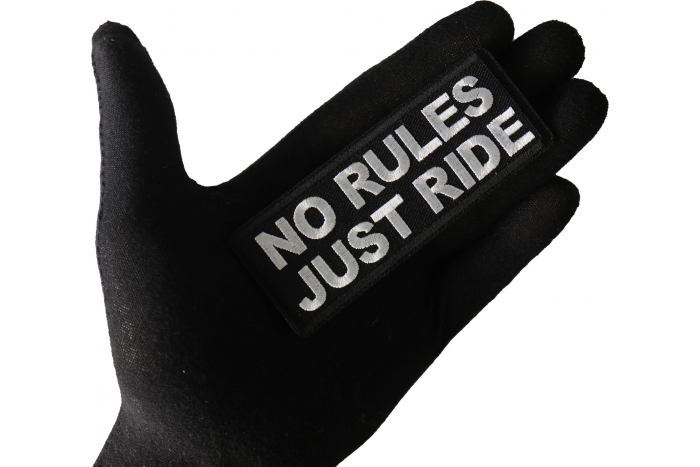 No Rules Just Ride Patch, Biker Saying Patches shown on hand for size comparison
