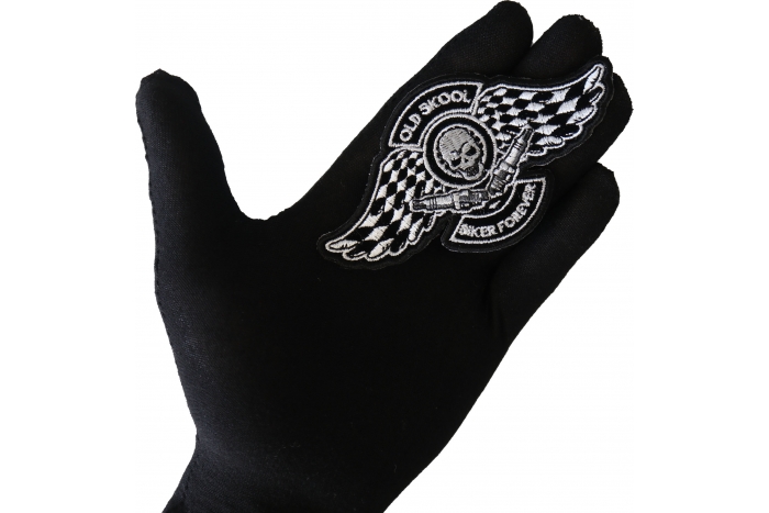 Old Skool Biker Forever Patch, Biker Skull Patches shown on hand for size comparison